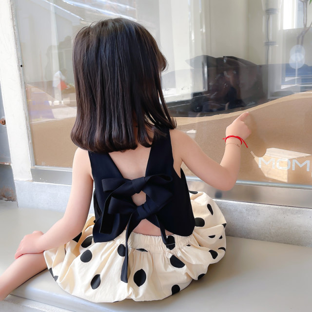 Ins summer girls 2022 black bow halter top + polka dot pants two-piece Korean summer suit new