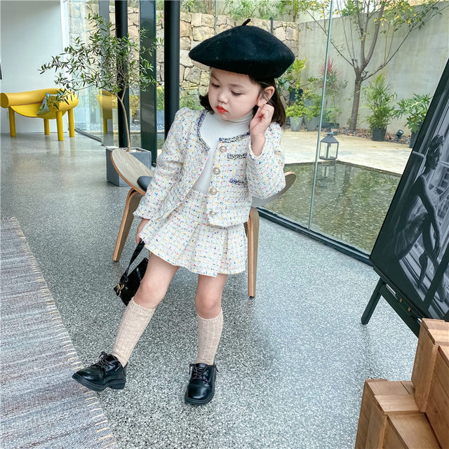 Girls Spring and Autumn Suit Baby Fragrance Style Braided Coat + Pleated Skirt Two-piece Set Lady Style Set