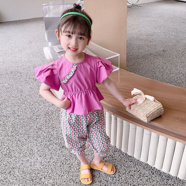 Girls' rear hollow puff sleeve suit 2022 summer new children's cotton floral anti-mosquito pants two-piece fashion