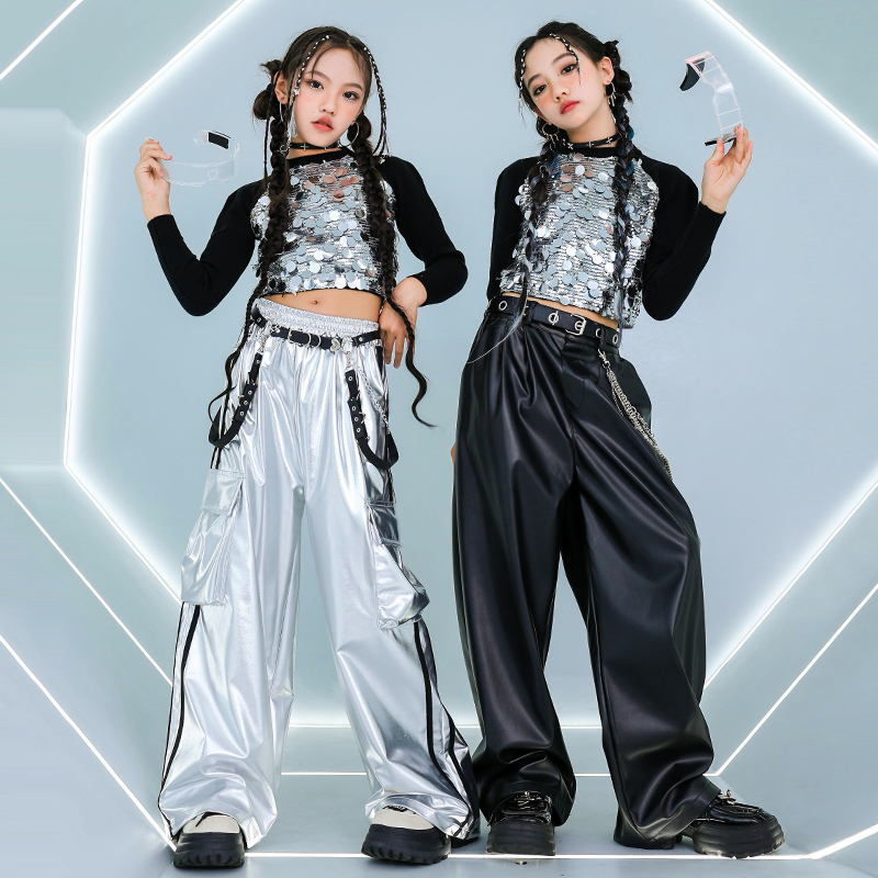 女の子ジャズダンス衣装ヒップホップストリートスパンコールへそダンススーツ子供のストリートダンスキャットウォークパフォーマンス衣装