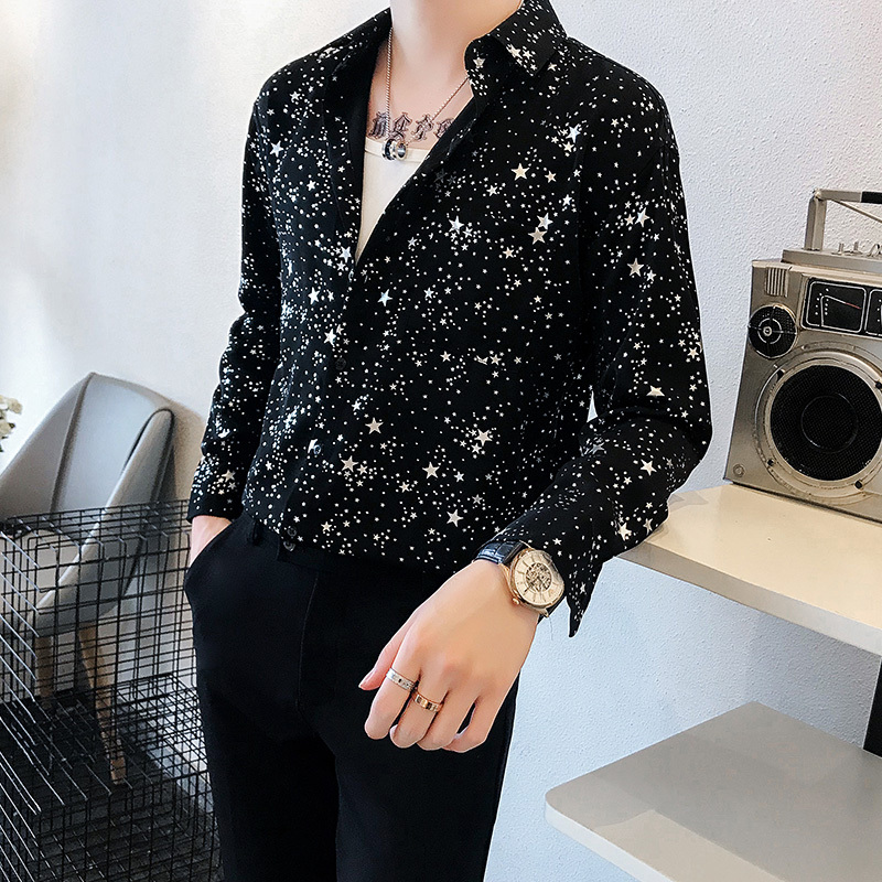 Internet Celebrity Five-Pointed Star Shirt for Men, Long-Sleeved, Casual, Silky, ins Cool Hairstylist Trendy Starry Versatile Shirt