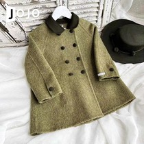 Korean style childrens clothing girls winter high-end warm woolen coat childrens temperament green mid-length woolen coat