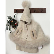 Korean style childrens clothing girls cape coat 2024 winter little girl fashionable childrens fox fur short woolen coat