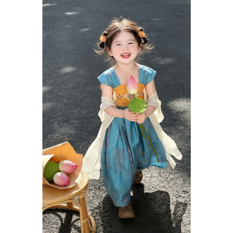 Ancient Style Beautiful Hanfu for Girls, Summer 2026 New Model, Children's New Chinese Style National Style Blue Dress, Baby Girl Princess Dress