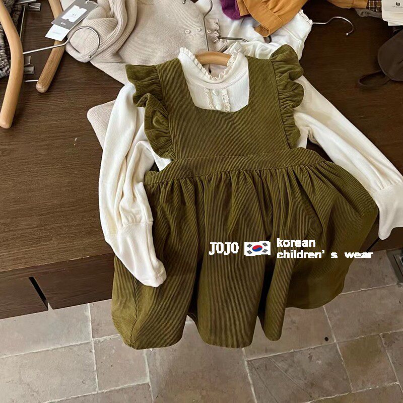 Korean version girl 2024 autumn winter new lamp core suede one-piece dress baby green retro harness skirt trendy princess dress-Taobao