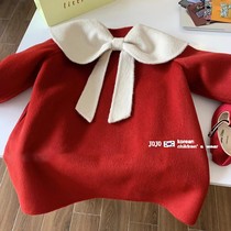 Korean childrens clothing girls red woolen coat 2024 autumn new style foreign style loose baby big lapel coat