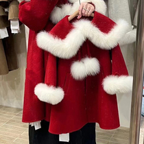 2024 New Year Clothes Girls Red Cape Coat Winter Style Baby New Year Festive Doll Collar Woolen Coat