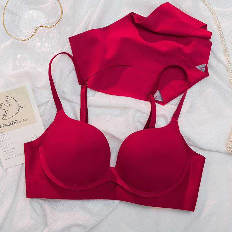 Red Ben Year Lingerie Woman Slim large breasted small anti-sagging soft steel ring glossy small breasts to woo bra suit-Taobao