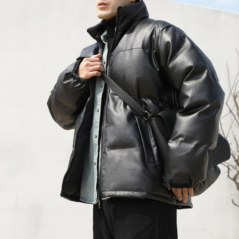 Men's down Cotton Jacket with Stand Collar, Winter Coat, Thickened Short Puffer Jacket, Korean Style Trendy Loose Cotton-Padded Jacket, Pu Leather Jacket