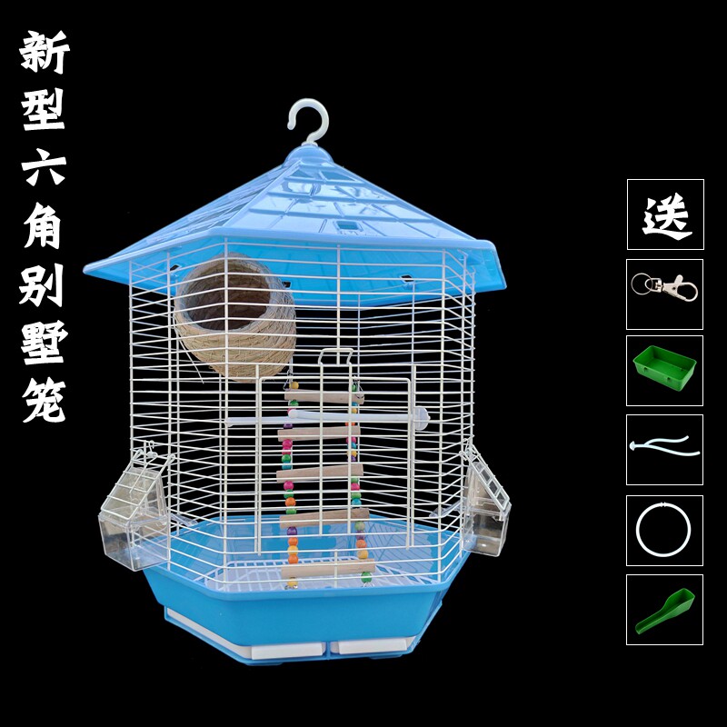 Tiger Leather Parrot Bird Cage Embroidered Peony Wenbird Great Size Villa Small Number Bird Cage Metal Hexagon Roof Ornamental Cage