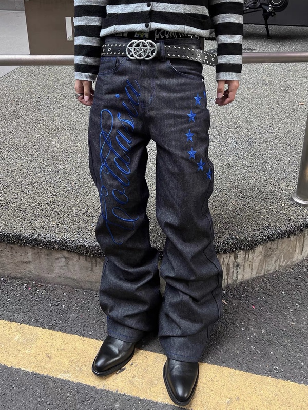 Dufgdc Original Design Cold Asian American Street Style Hand-Embroidered Slimming Loose Micro-Flare Raw Denim Jeans