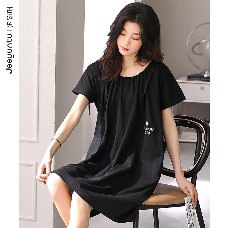 Sleeping Skirt Woman Summer 2022 New Advanced Senses Summer Thin medium long version pure cotton black short sleeve large size pyjamas