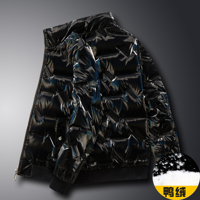Down jacket men's short stand collar light and thin embossed bright surface warm winter coat thickened new young and middle-aged men's clothing