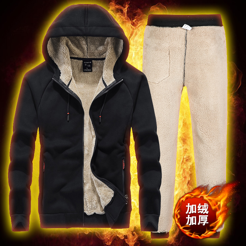 Autumn and winter lamb suede with cap sports shirt sports suit men's size Thickened And Warm Sportswear Casual Winter Clothing