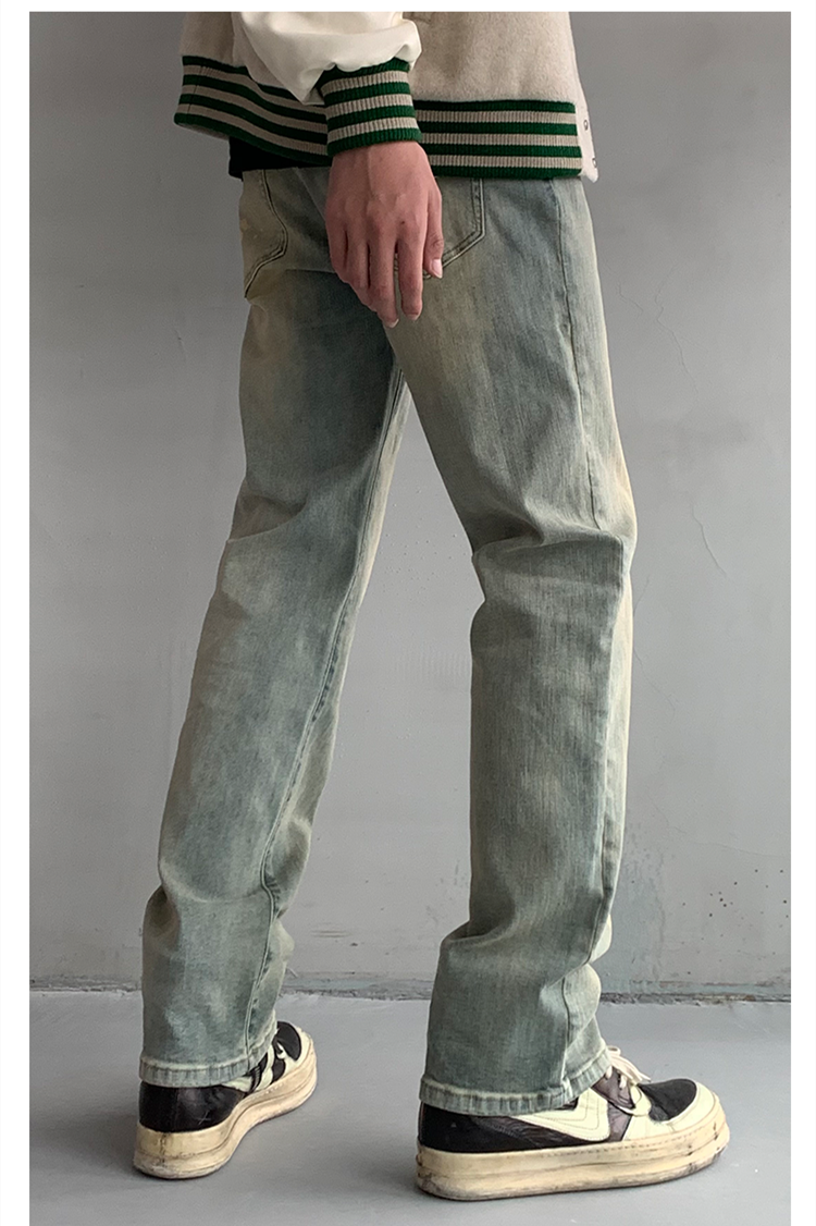 Guochao High Street Jeans Men's Pants Wide Leg Loose And Slim Fit Make Old Yellow Clay Dyeing Casual Retro American Pants