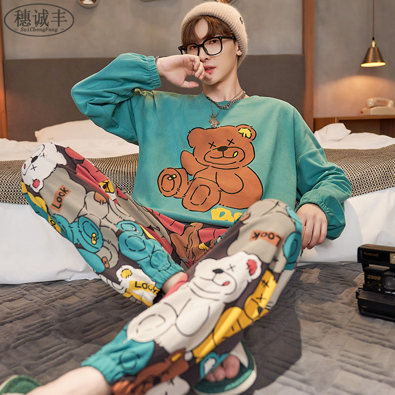 Men's Long-Sleeved Pure Cotton Pajamas, Spring and Autumn Style, Plus Size, for Teenagers, Students, and Older Children, Home Wear Set, All Cotton