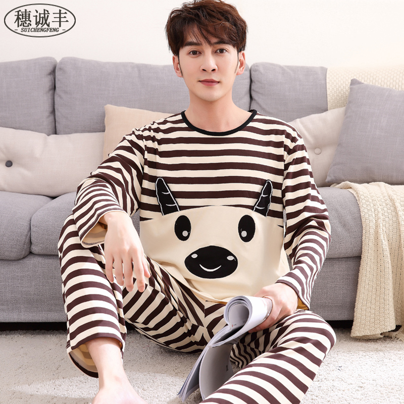 Bộ đồ ngủ mùa thu mens bông dài tay mens phim hoạt hình trẻ cotton mùa thu / ngày mens mùa đông đồ ngủ bộ mặc nhà.