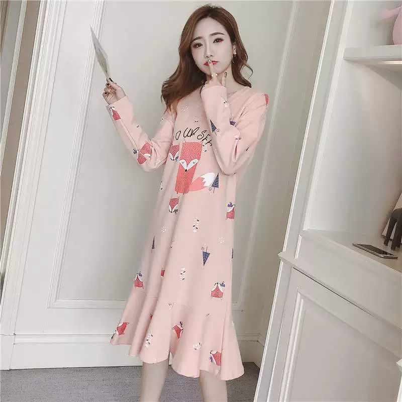 .Spring và mùa thu dài tay cotton Hàn Quốc nữ trẻ hàng rào bộ đồ ngủ cotton dài giữa cho nữ sinh viên đại học - Đêm đầm