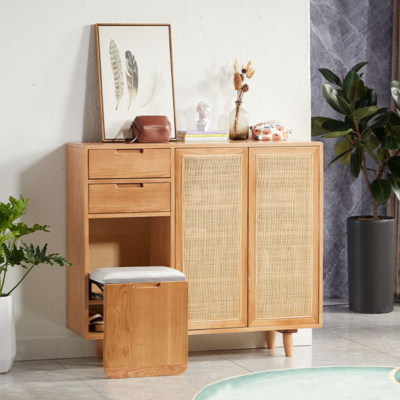 Full solid wood rattan shoe cabinet Nordic cherry wood two-door oak locker creative folding seat entry cabinet
