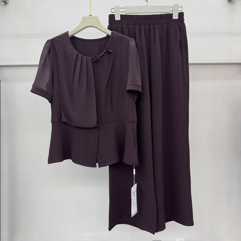 Trendy Summer Outfit for Middle-Aged Moms, Same Style as in Shopping Malls, High-End Design, Round Neck Short-Sleeve Top and Wide-Leg Pants Two-Piece Set