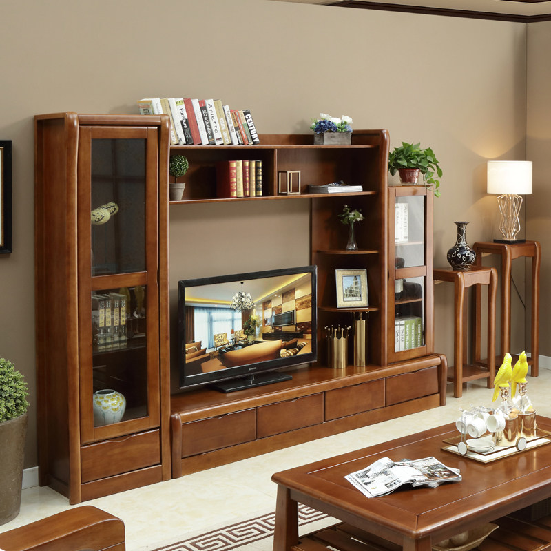 New Chinese style living room all solid wood TV cabinet new combination wall cabinet simple modern background cabinet household oak floor cabinet - Taobao