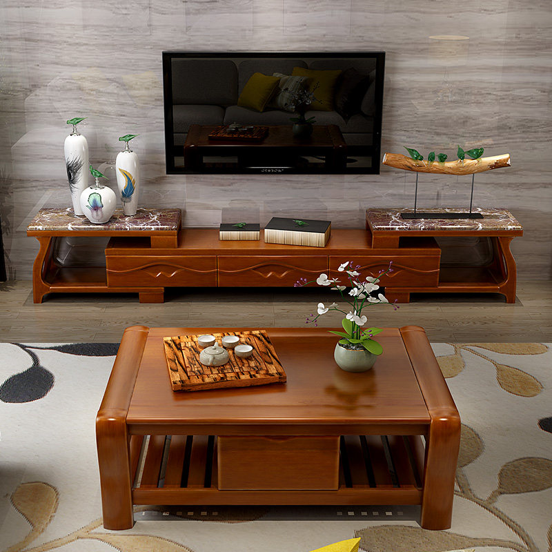 Modern Chinese new solid wood TV cabinet simple coffee table combination home small apartment retractable marble floor cabinet