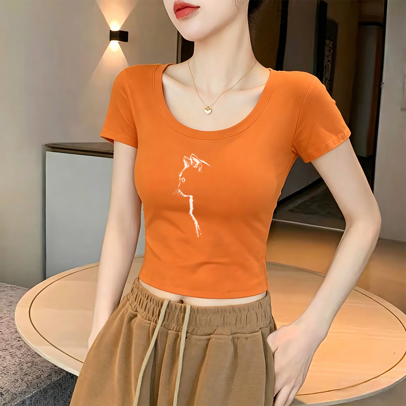 Dopamine Orange Short-Sleeved Crop Top for Women 2026 Summer New Slim Fit Sexy High-Waisted Short Tight Top