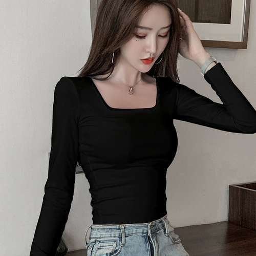 Лонгслив, брендовая осенняя приятная телу футболка, популярно в интернете, квадратный вырез, коллекция 2022, облегающий крой