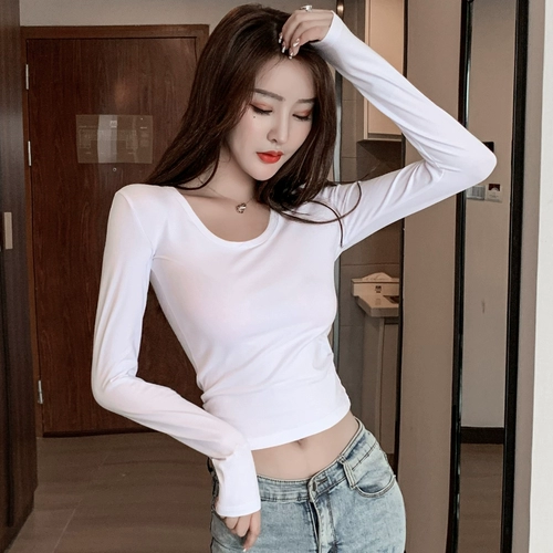 Осенний приталенный сексуальный лонгслив, сексуальная короткая черная приятная телу футболка, в обтяжку, V-образный вырез, высокий воротник