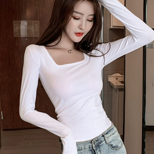 Лонгслив, брендовая осенняя приятная телу футболка, популярно в интернете, квадратный вырез, коллекция 2022, облегающий крой