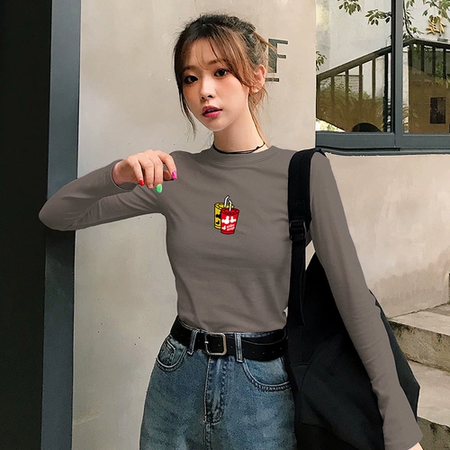 Лонгслив, хлопковая футболка, коллекция 2021, осенний, высокий воротник, в обтяжку, облегающий крой