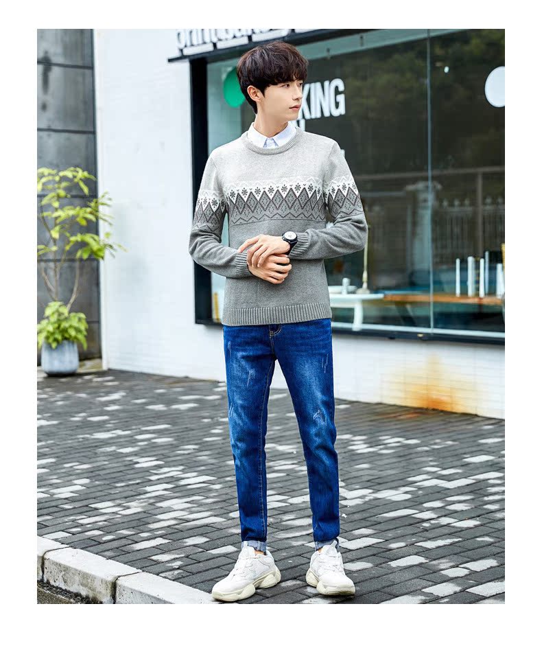 Quần áo Tiancheng 2019 mùa xuân mới cho nam áo len dài tay thiết lập xu hướng phiên bản Hàn Quốc của áo len cổ tròn bên ngoài phù hợp áo len nam cổ lọ