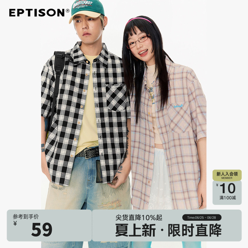 Eptison Textured Plaid Lazy Style Short-Sleeved Shirt Summer Couple Casual Shirt Thin Jacket