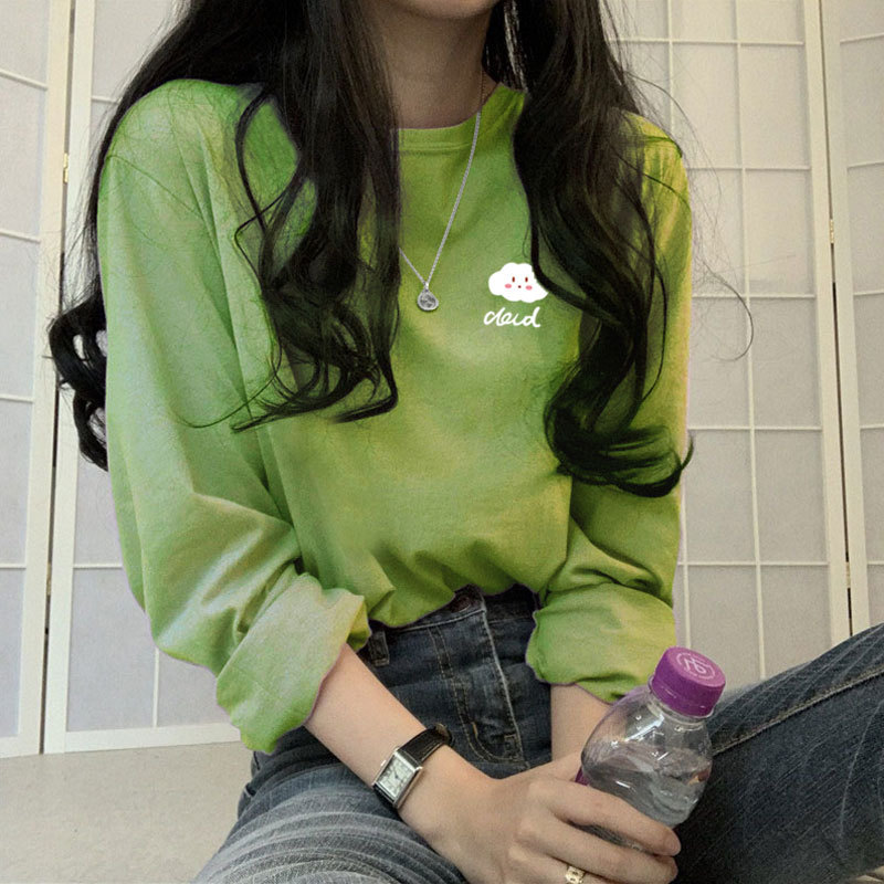 Long-Sleeved T-Shirt for Women, Loose Korean Style, Trendy Autumn Wear ins New Hong Kong Style Base Shirt, Avocado Green