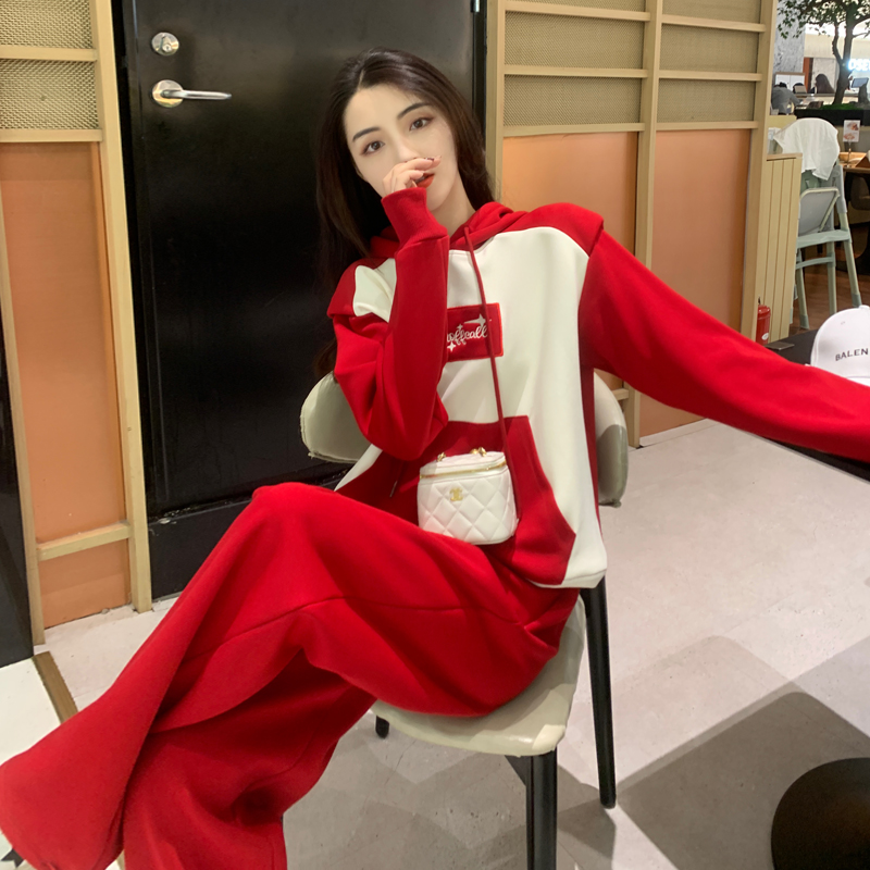 Net Reddish Red Sports Casual Suit Woman Autumn Winter Foreign Air Blast Street Superior Sensuo Clothing Broadlegged Pants Two Sets-Taobao