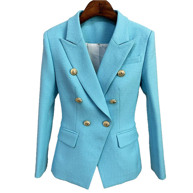 ລະດູໃບໄມ້ປົ່ງລະດູໃບໄມ້ປົ່ງໃໝ່ປີ 2024 ແຟຊັນເອີຣົບແລະອາເມລິກາ Sky Blue Suit Lion Metal Double-Breasted Slim suit Commuting Jacket for Women