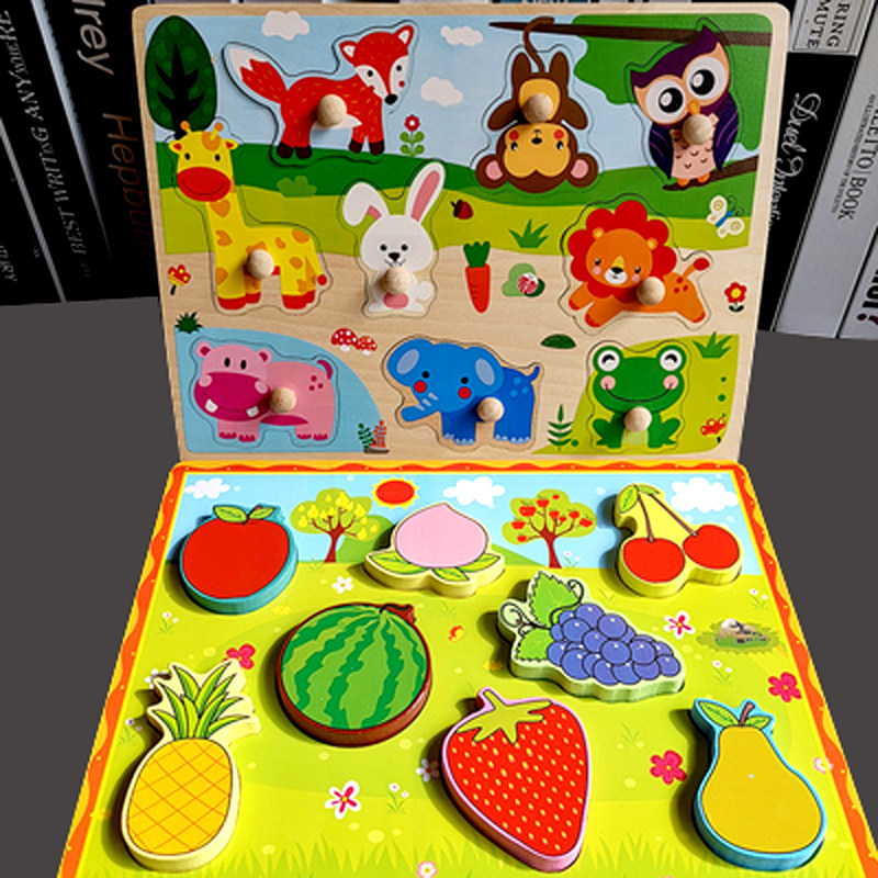 Puzzle Jigsaw Puzzle inlaid plate Toy wood 0-3-6-year-old Child Handgrip plate Animals Cognitive Early Lessons Intellect
