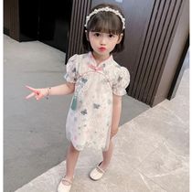 Girls cheongsam dress summer dress 2021 new style little girl ancient style skirt 1 childrens short-sleeved ancient dress 3 baby princess dress