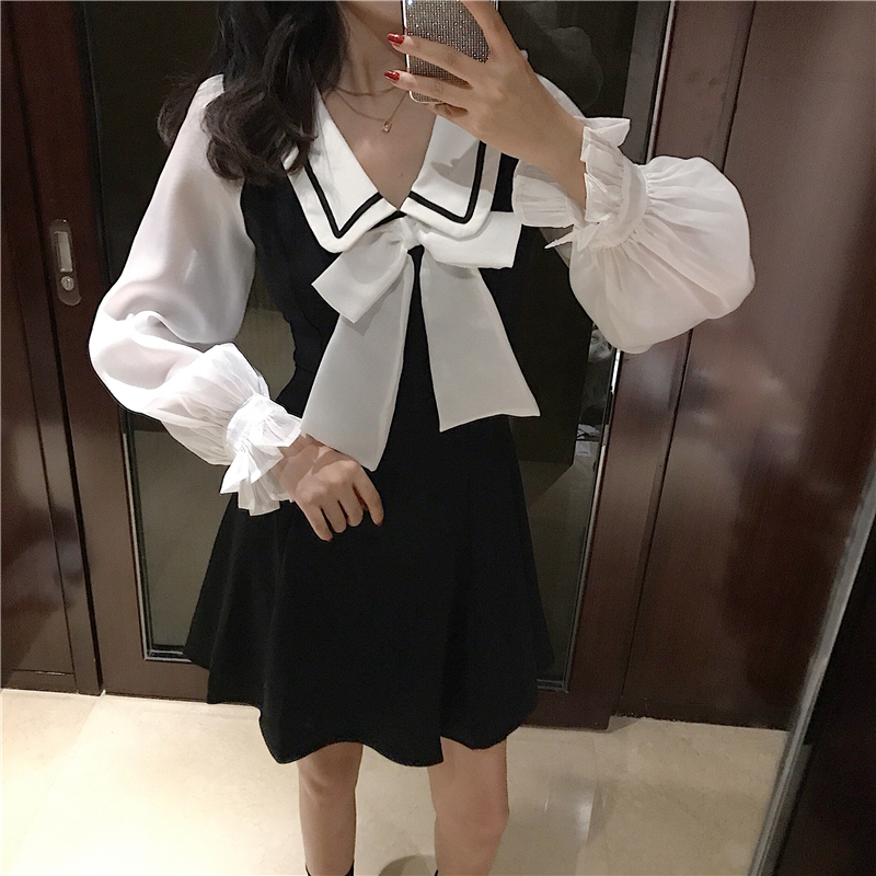 VK旗艦店 韓系復古學院風大領結拼接長袖洋裝