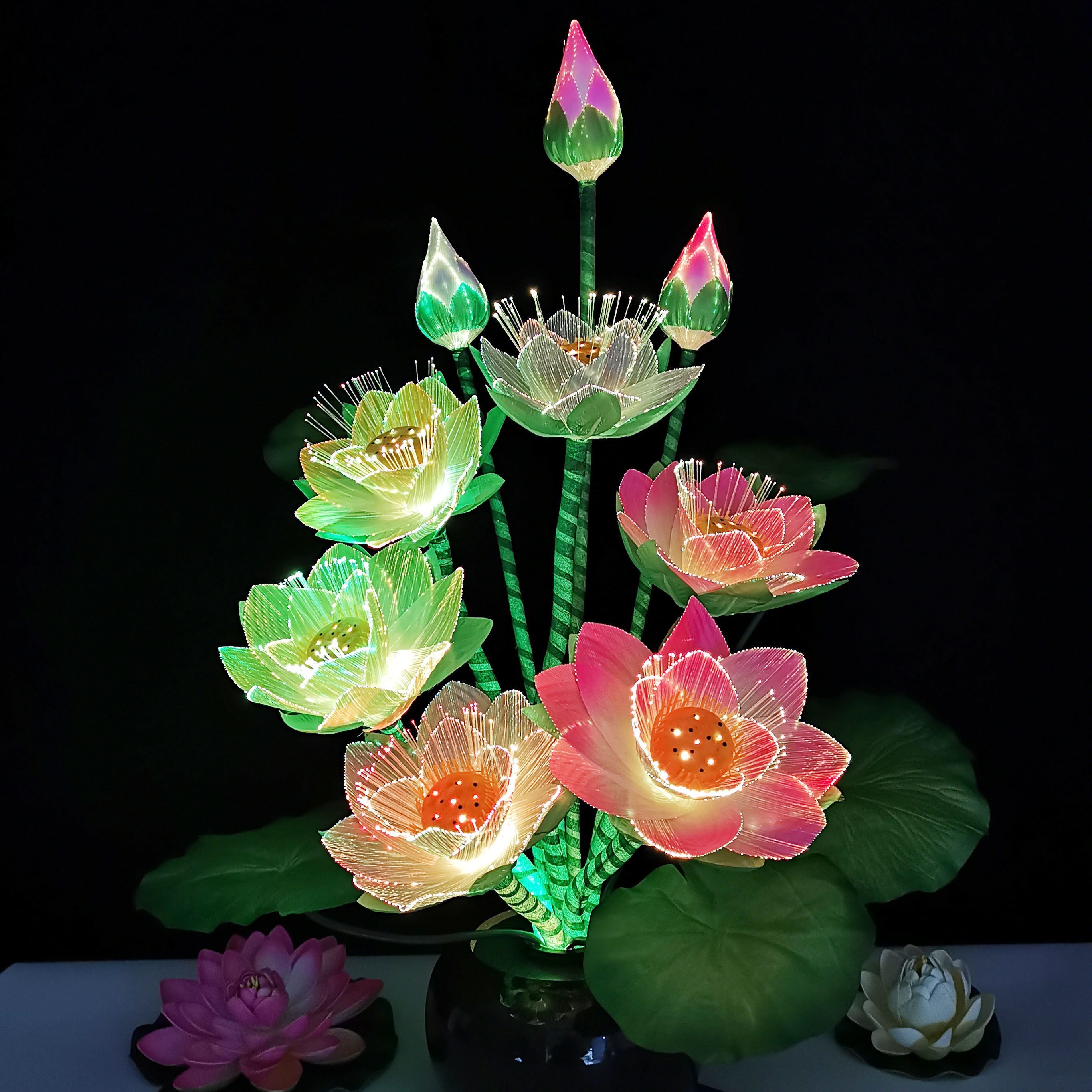 Bonsai Flowers Buddha Front Flower Lamp Furnishing Seven Colorful Fiber Simulation Lotus Lantern lamp LED lotus lamp Buddha for lamp potted plant