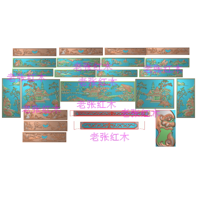 Carving Designs of Landscapes, Finely Carved Designs for Writing Desks, Drawer Surrounds, Front Panels, Office Desks, Landscape and House Relief Designs