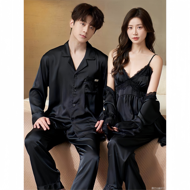 Silk Pajamas for Couples, Spring and Summer Two-Piece Set, Sexy Women's Style with Chest Pads, Simple Men's Style Loungewear Set, Can Be Worn Outside