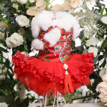 Red splendid rabbit hair collar Pet Cheongsam Pet Cheongsam Cat and dog national dress Tang dress Dog autumn and winter clothes