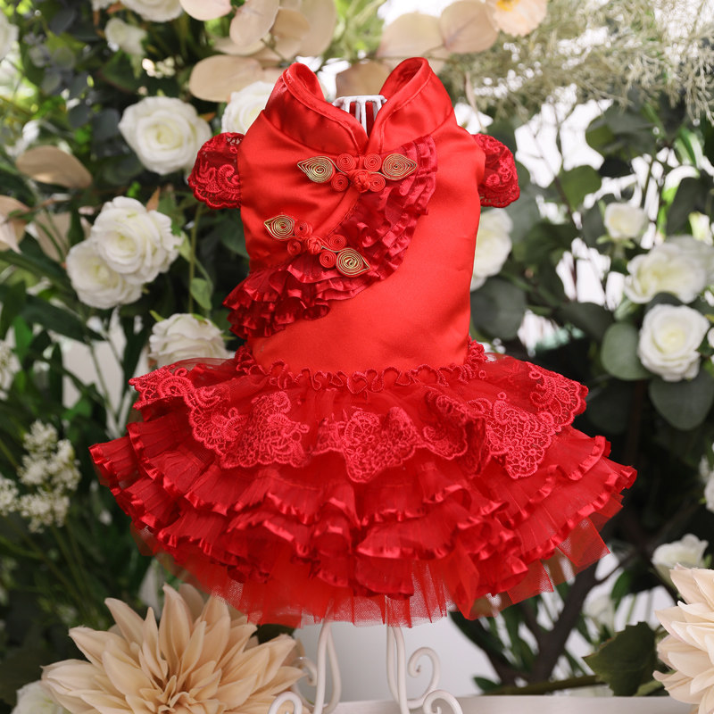 Big red lace sleeve cheongsam dog clothes Bichon Teddy Pomeranian New Year's greetings spring and autumn pet cheongsam