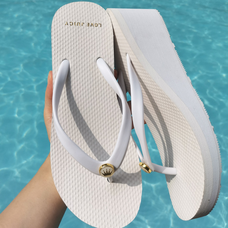 2025 Summer New Style Flip-Flops for Women, Thick-Soled Wedge Heels, Pure Color Sandals, Beach Non-Slip Bathroom Waterproof Slippers