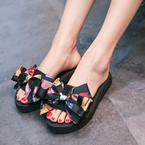 One-word drag female summer 2018 new bow sandals thick bottom slope heel non-slip sandals muffin one word