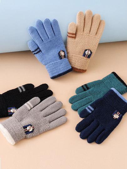 Children's gloves keep warm in winter for primary school students 6-12 years old, five-finger separated woolen plus velvet thickening solid color full-finger boys