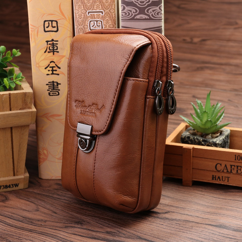 Happy Branch Show Head Cow Leather Double pack 5 5 5 5 7 inch 6 inch Genuine Leather Mobile Phone Pocket Wearing Leather Belt Fanny Pack Men