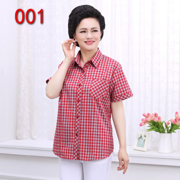 Zhong Hai mẹ mùa hè cotton ngắn tay áo sơ mi nữ trung niên kẻ sọc sơ mi cotton cỡ lớn nửa áo sơ mi tay - Quần áo của mẹ áo đầm tuổi trung niên
