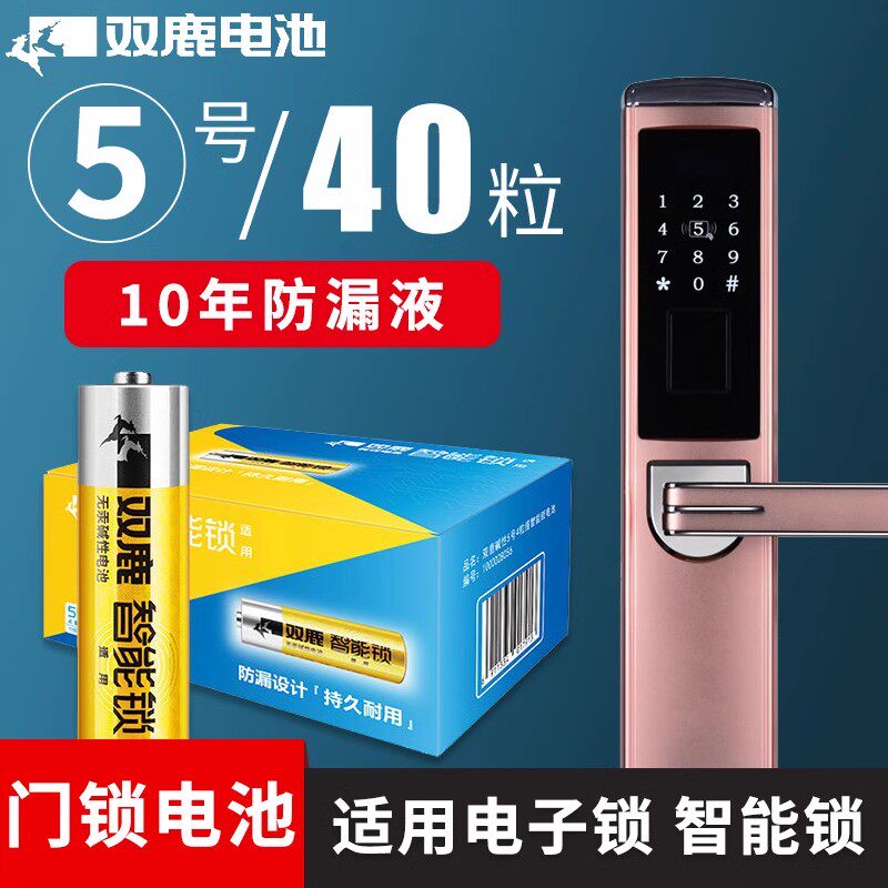 双鹿碱性5号门锁电池40粒智能门锁电池指纹锁密码锁电子锁专用电池旗舰店适用防盗门